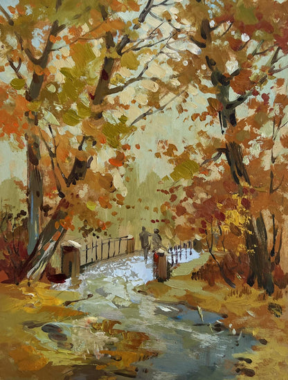 Oil painting by Yuriy Suprunchuk: autumn trees frame stream under bridge
