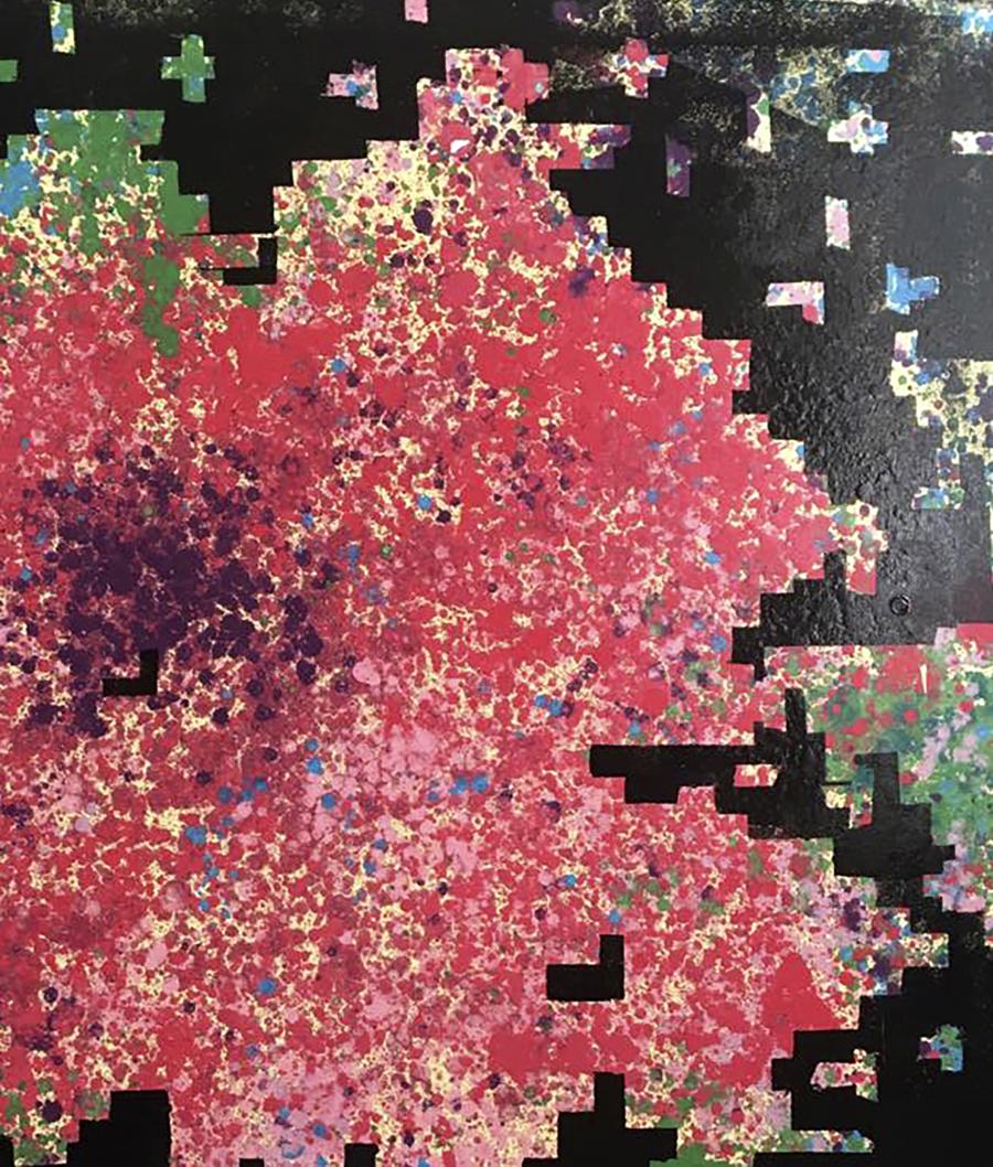 Oil painting Rose in Pixel by Natalia Korf-Ivaniuk, vibrant red pink floral burst on black