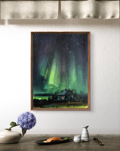Oil painting Northern lights Tatyana Derdey, green aurora over rustic house