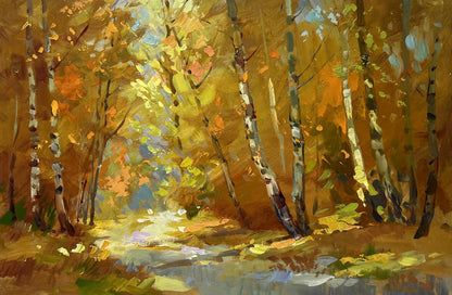 Vibrant impressionist oil painting of autumn birch grove by Yuriy Suprunchuk