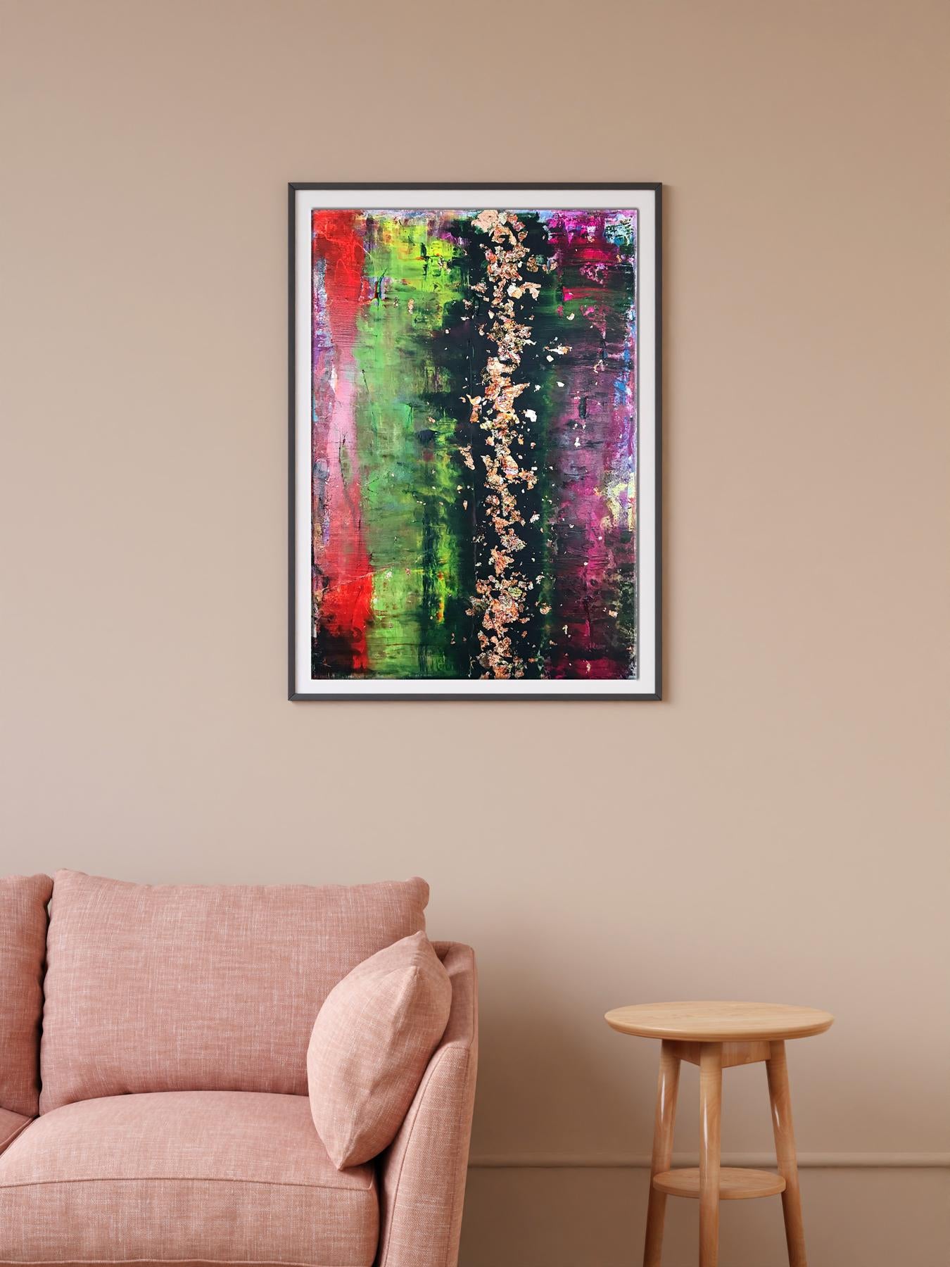 Vibrant Burlesque Olga Melezhik acrylic painting with bold red, green, purple streaks and gold leaf center