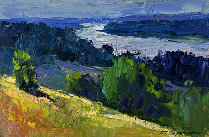 Vibrant impressionist oil painting The river flows along the forest by Boris Serdyuk