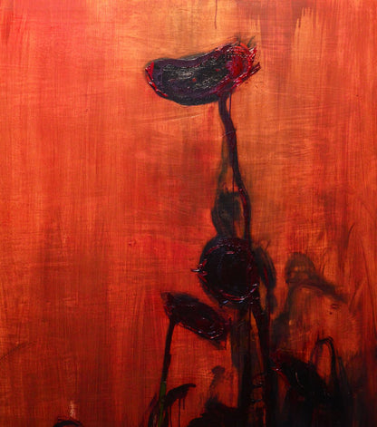 Bold abstract oil painting of dark textured sunflowers at night by Natalia Korf-Ivaniuk on vibrant orange background