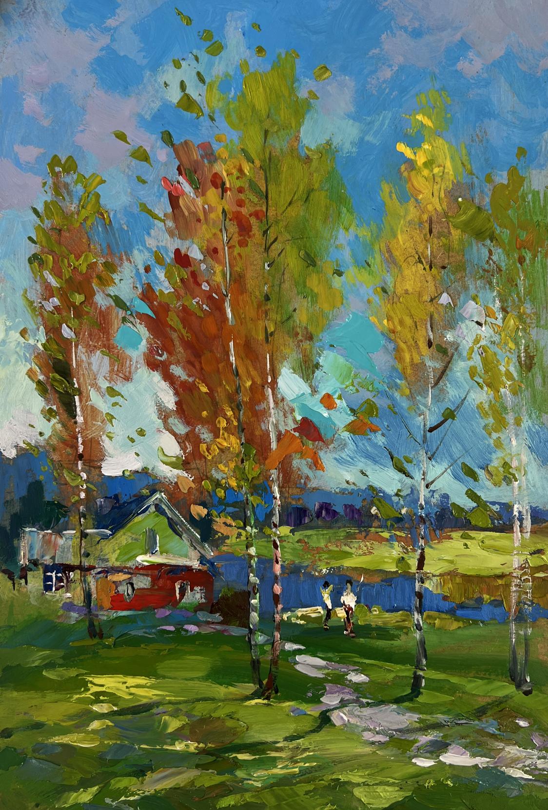 Vibrant impressionist oil painting of birch grove by Yuriy Suprunchuk