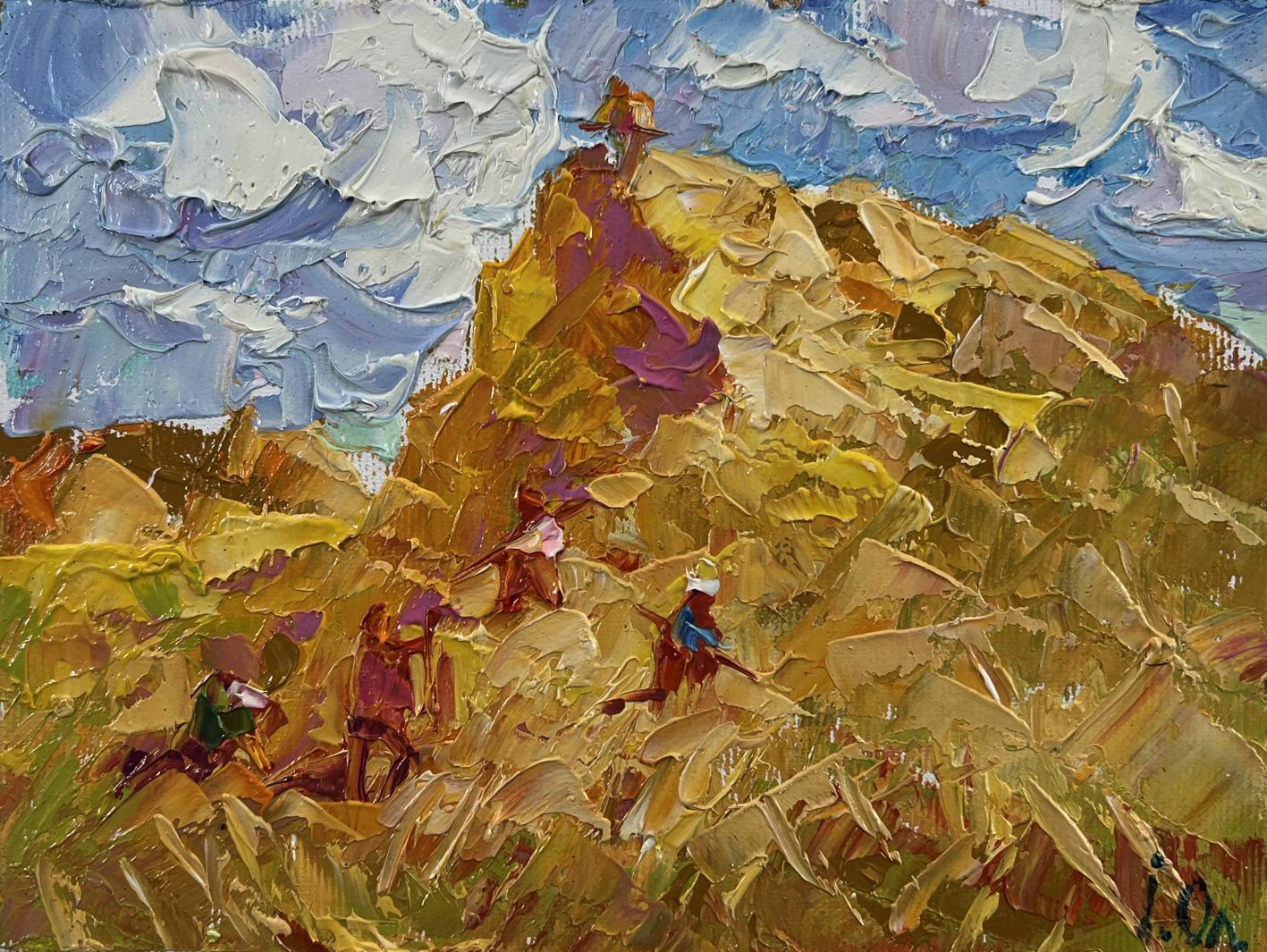 Textured oil painting of hikers ascending golden sunlit mountain by Oleksiy Ivanyuk