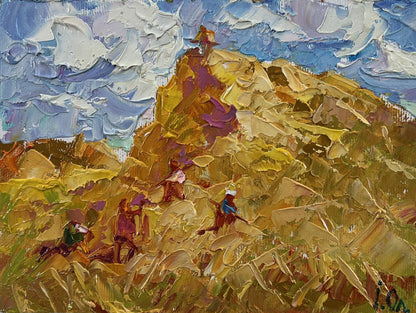 Textured oil painting of hikers ascending golden sunlit mountain by Oleksiy Ivanyuk
