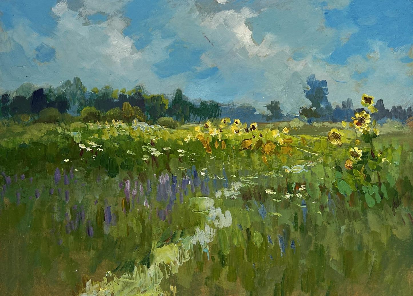 Vibrant impressionist oil painting of sunflower fields by Yuriy Suprunchuk