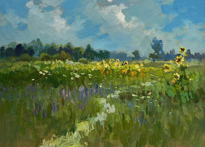 Vibrant impressionist oil painting of sunflower fields by Yuriy Suprunchuk