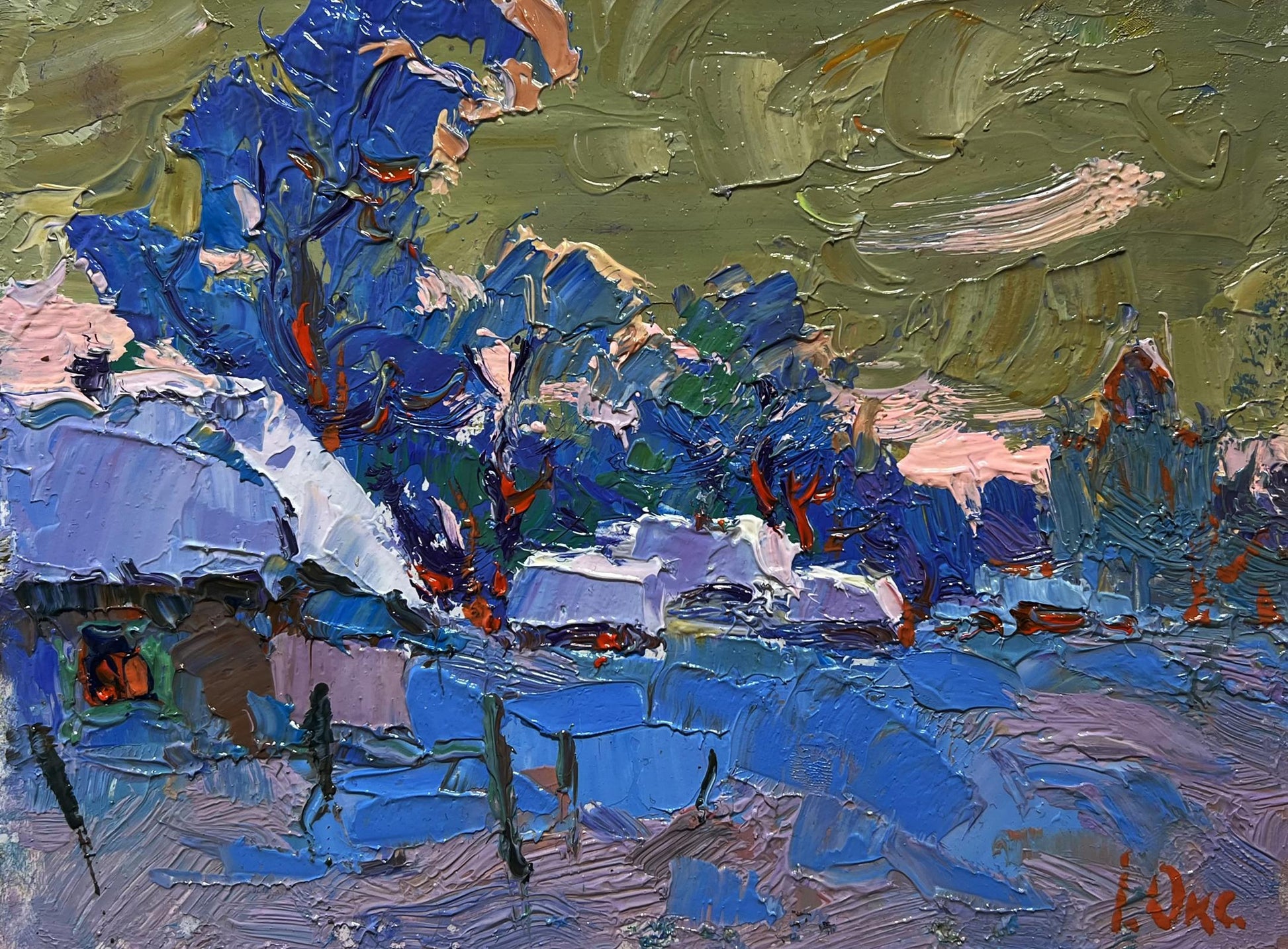 Vibrant impressionistic oil painting of snowy village by Oksana Ivanyuk