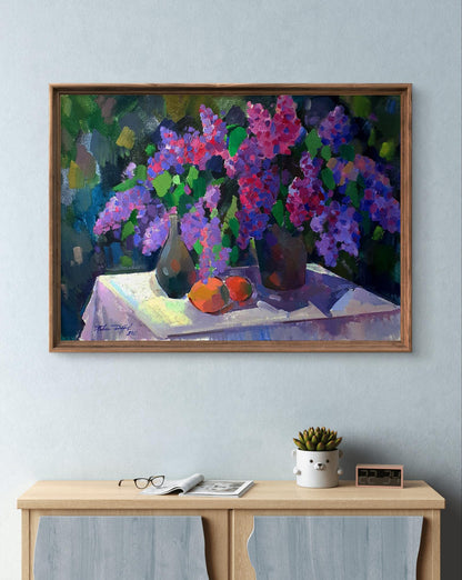 Oil painting of vibrant purple pink lilac blooms by Pavel Dobrev in green vases