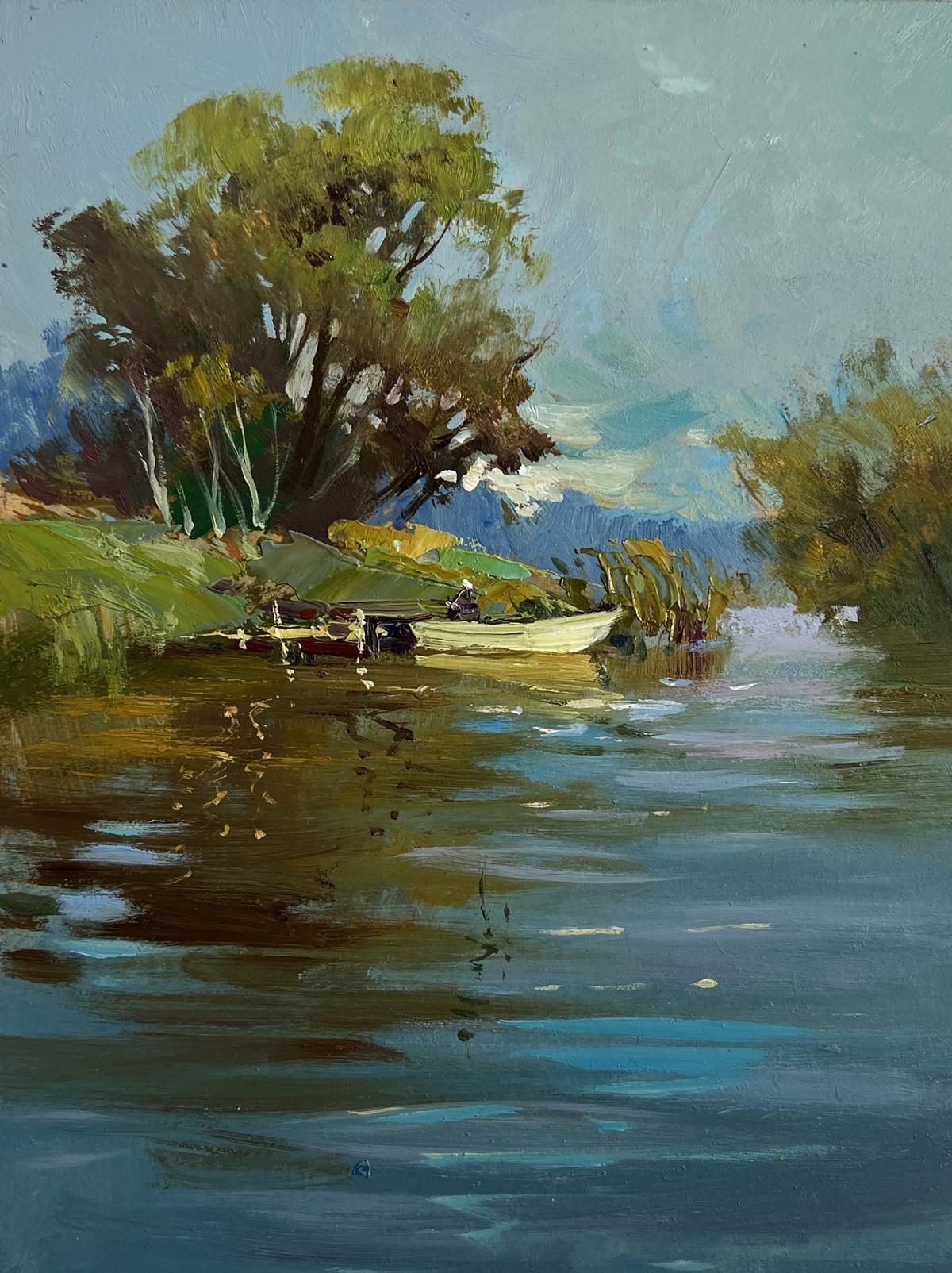 Serene oil painting of white rowboat on calm river by Yuriy Suprunchuk