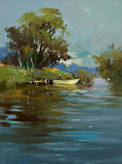 Serene oil painting of white rowboat on calm river by Yuriy Suprunchuk