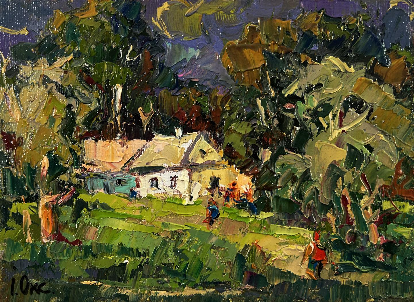 Oil painting Village before the rain by Oksana Ivanyuk, rustic white house in lush fields