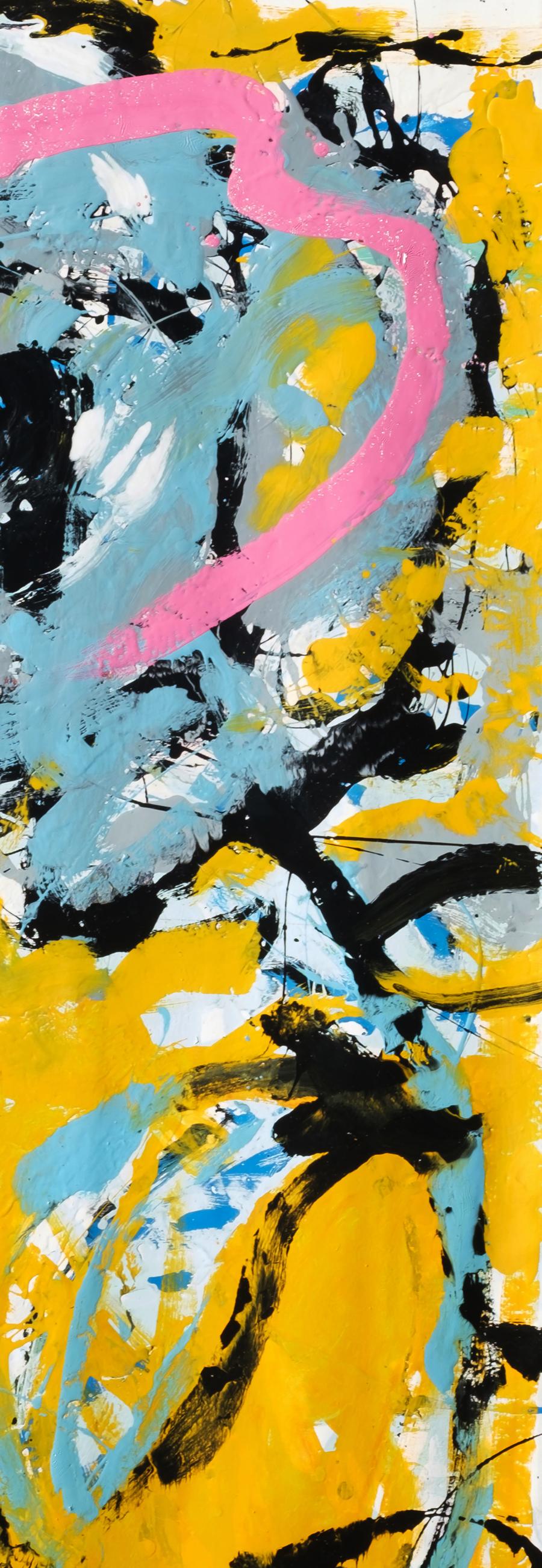 Oil painting Blue Rose by Natalia Korf-Ivaniuk with vibrant yellow black blue strokes pink curve