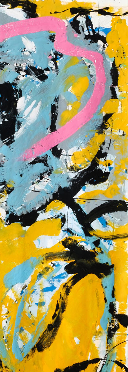 Oil painting Blue Rose by Natalia Korf-Ivaniuk with vibrant yellow black blue strokes pink curve