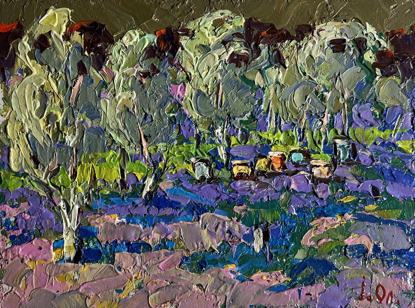 Oil painting In the shade of the garden by Oksana Ivanyuk with lush green purple foliage