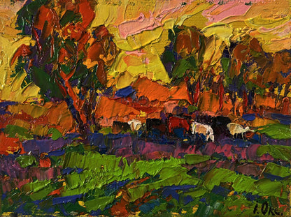 Vibrant Morning Meadows oil painting by Oksana Ivanyuk with grazing cows