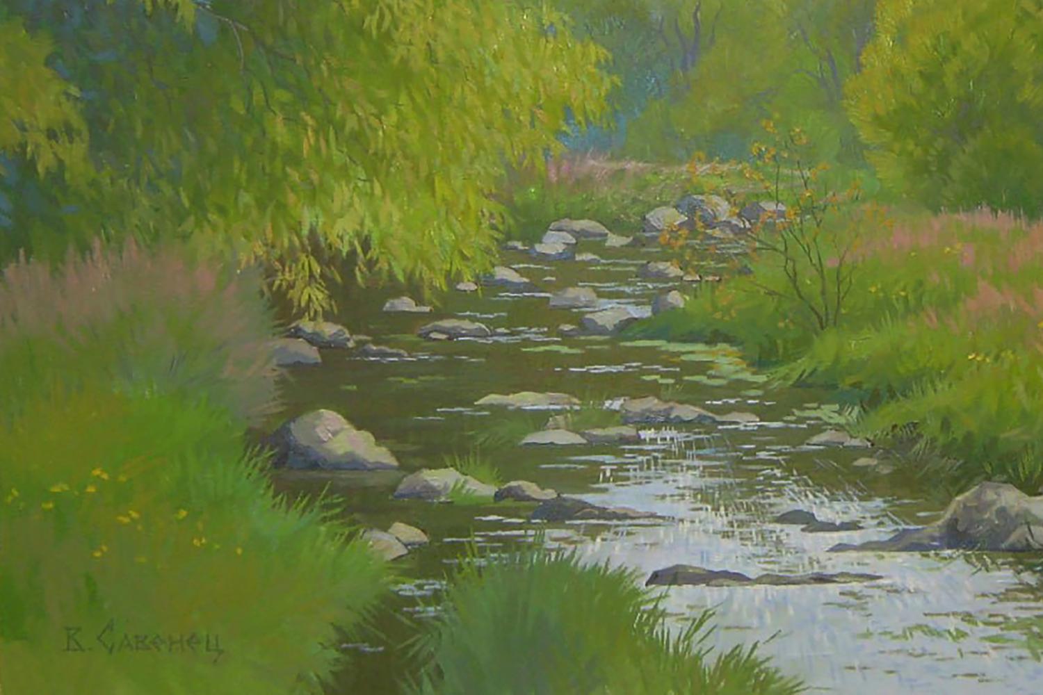 Oil painting of serene river flowing through lush forest by Valery Savenets