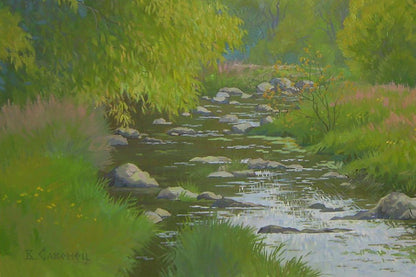 Oil painting of serene river flowing through lush forest by Valery Savenets