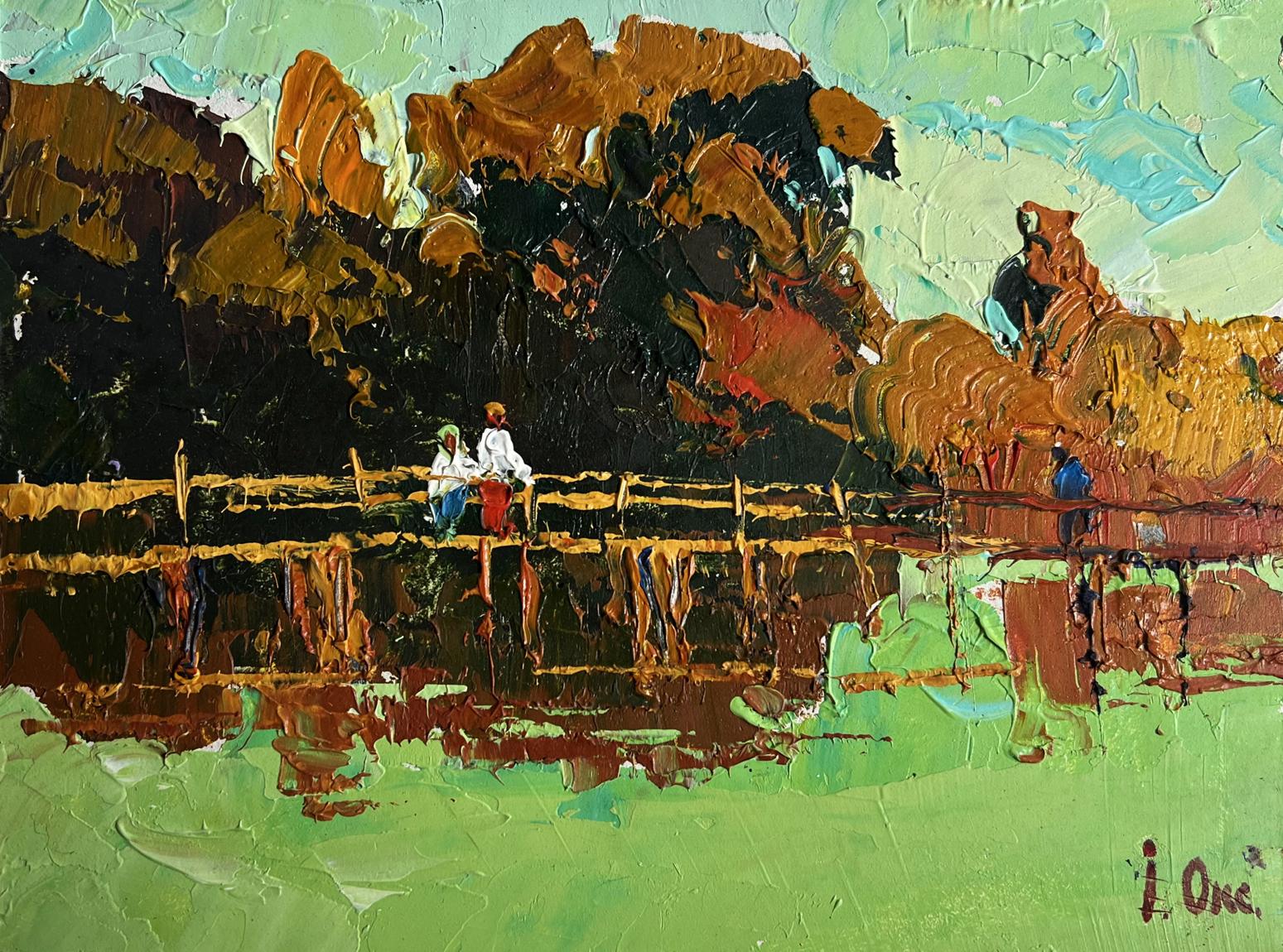 Impasto oil painting Walking on the river bridge by Oksana Ivanyuk