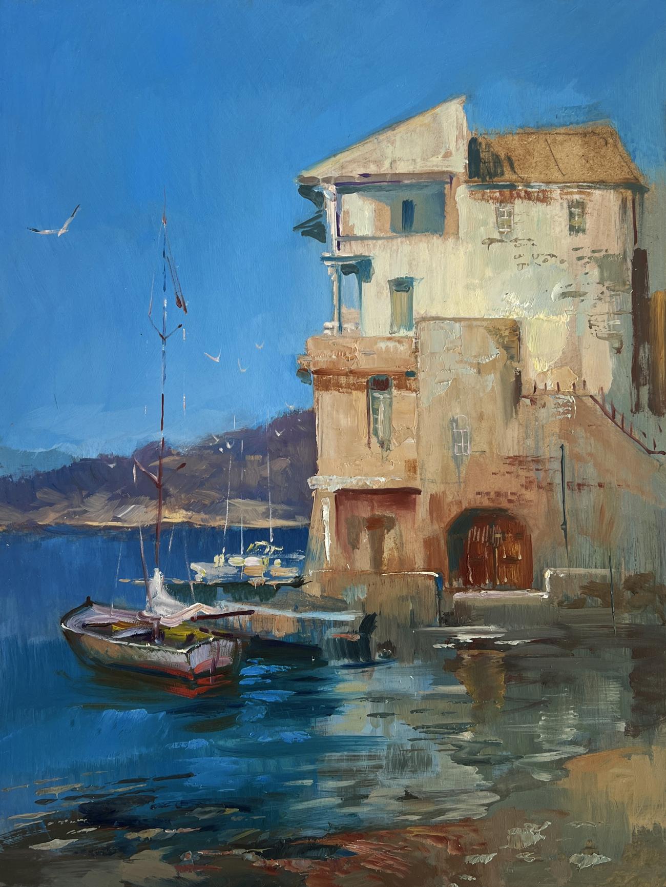Oil painting Waiting for the Tide by Yuriy Suprunchuk: stone building by water