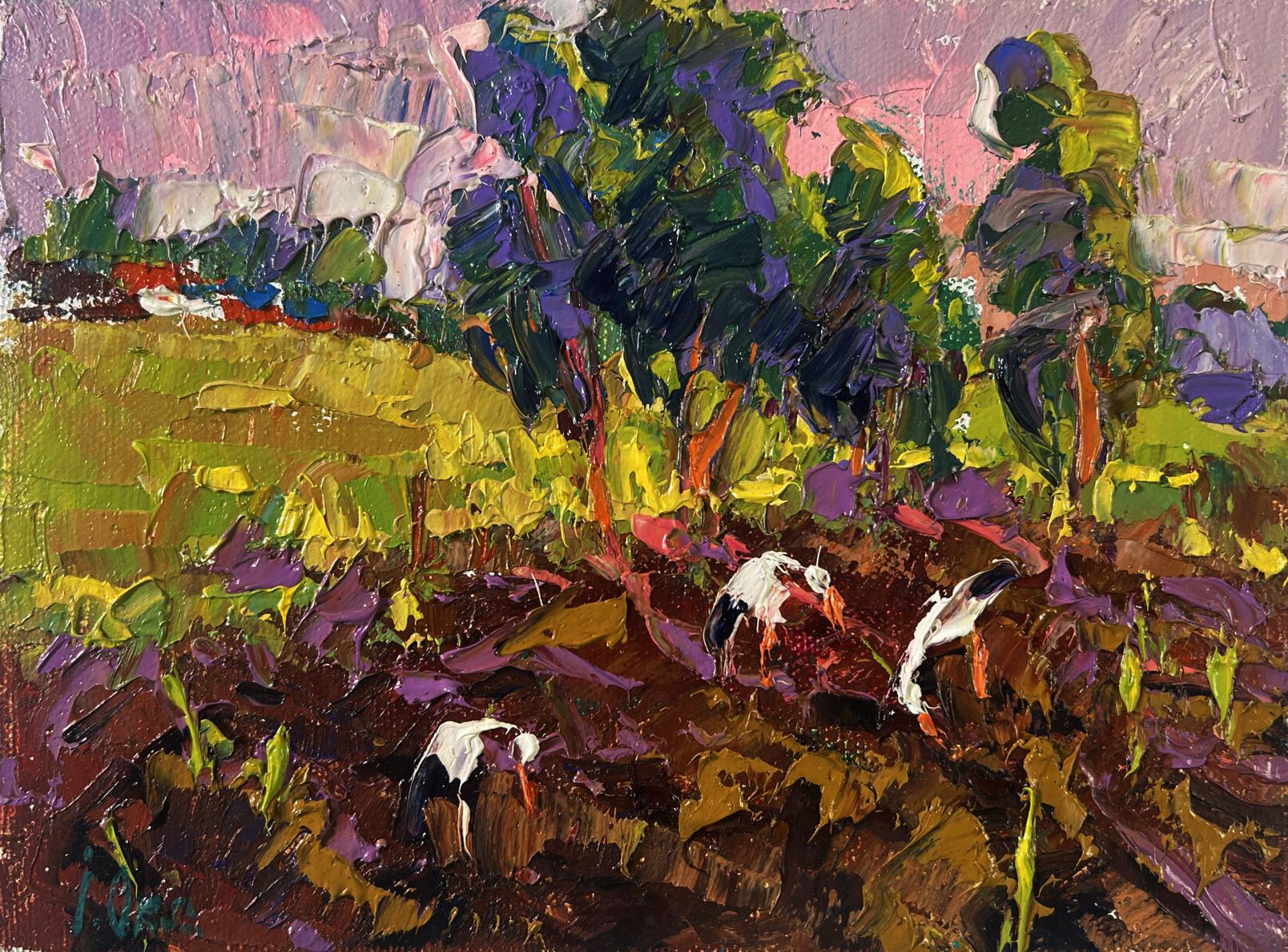 Vibrant impressionist oil painting of storks in field at sunset by Oksana Ivanyuk