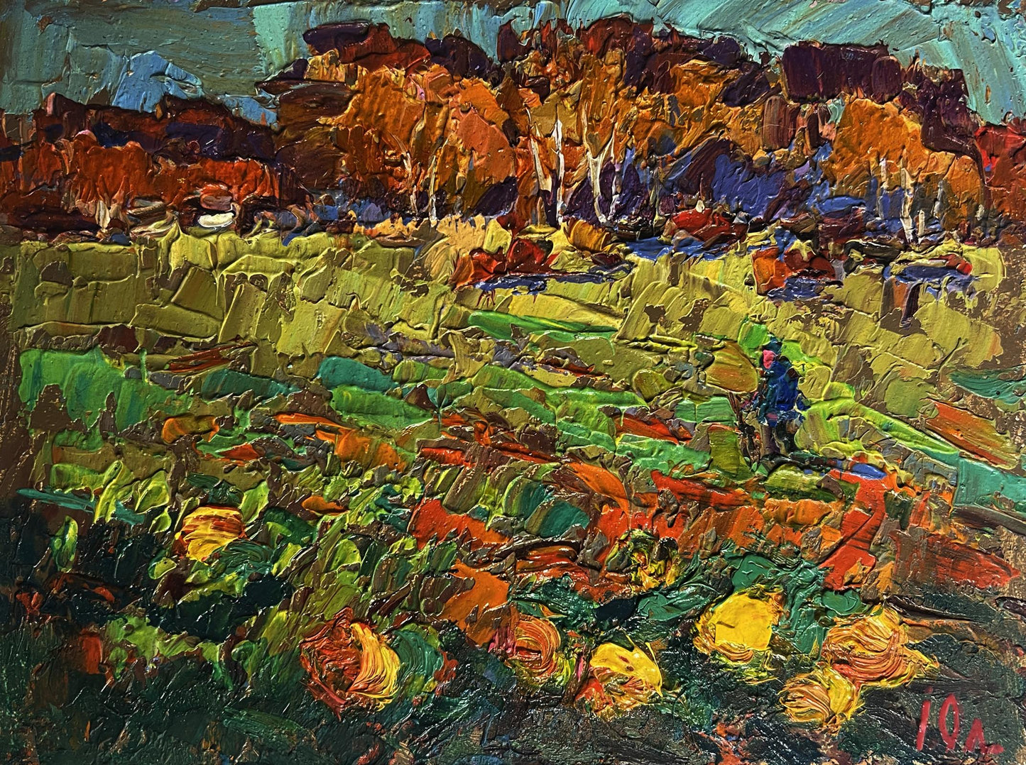 Vibrant impressionist oil painting of autumn pumpkins in garden by Oleksiy Ivanyuk