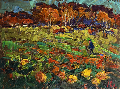 Vibrant impressionist oil painting of autumn pumpkins in garden by Oleksiy Ivanyuk