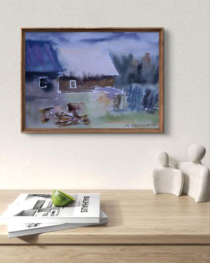Framed watercolor Snow around the house by Boris Serdyuk, snowy rural scene