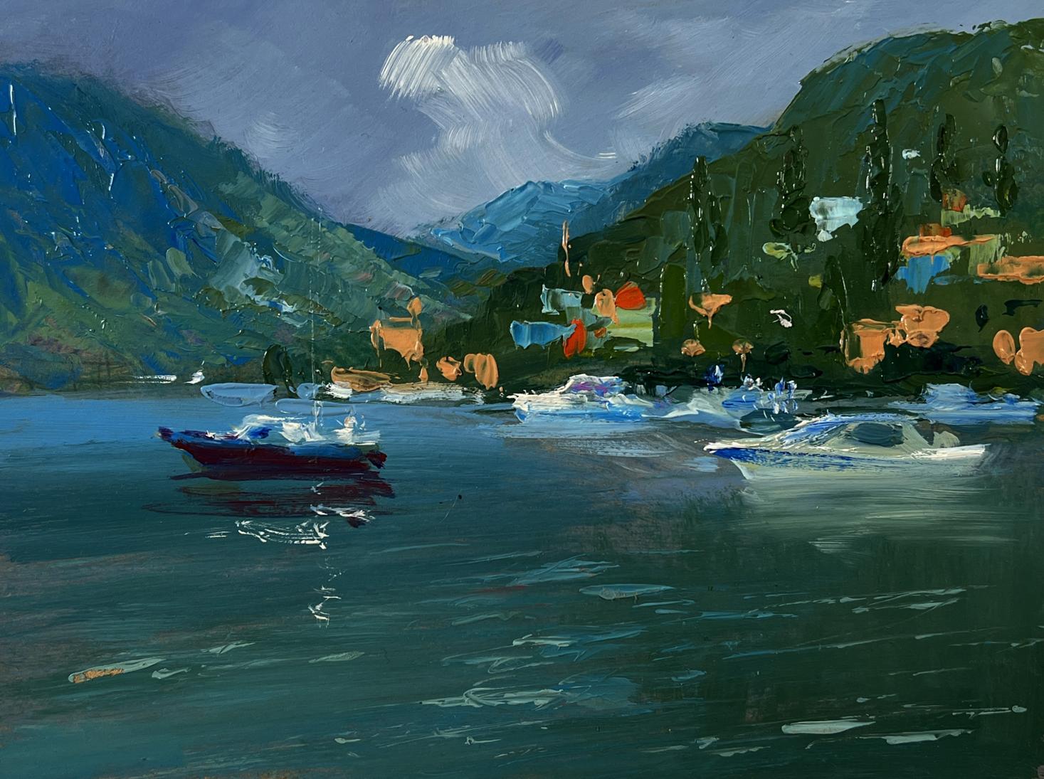 Vibrant impressionist oil painting by Yuriy Suprunchuk of boats near serene lake and mountains