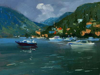 Vibrant impressionist oil painting by Yuriy Suprunchuk of boats near serene lake and mountains