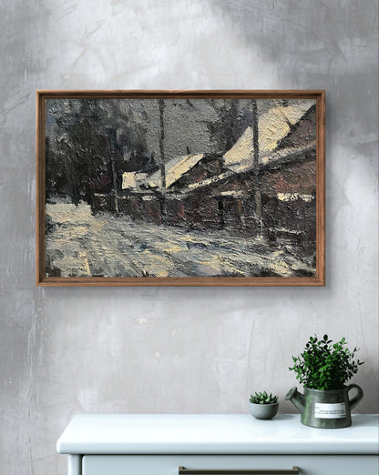 Oil painting Quiet Village by Volodymyr Pashchenko snowy village scene