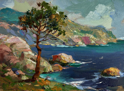 Vibrant impressionist oil painting by Yuriy Suprunchuk of swaying pine tree by ocean