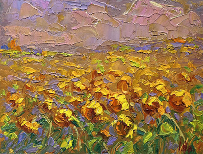 Vibrant impressionist oil painting of sunflower field by Oleksiy Ivanyuk