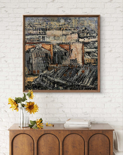 Oil painting Life in the City by Serhiy Kovalev in wooden frame