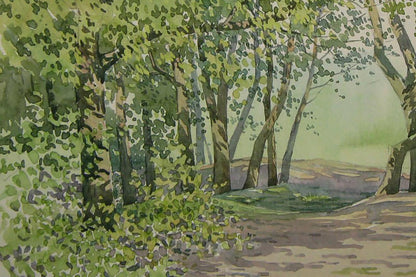 Watercolor painting of green forest path by Valery Savenets