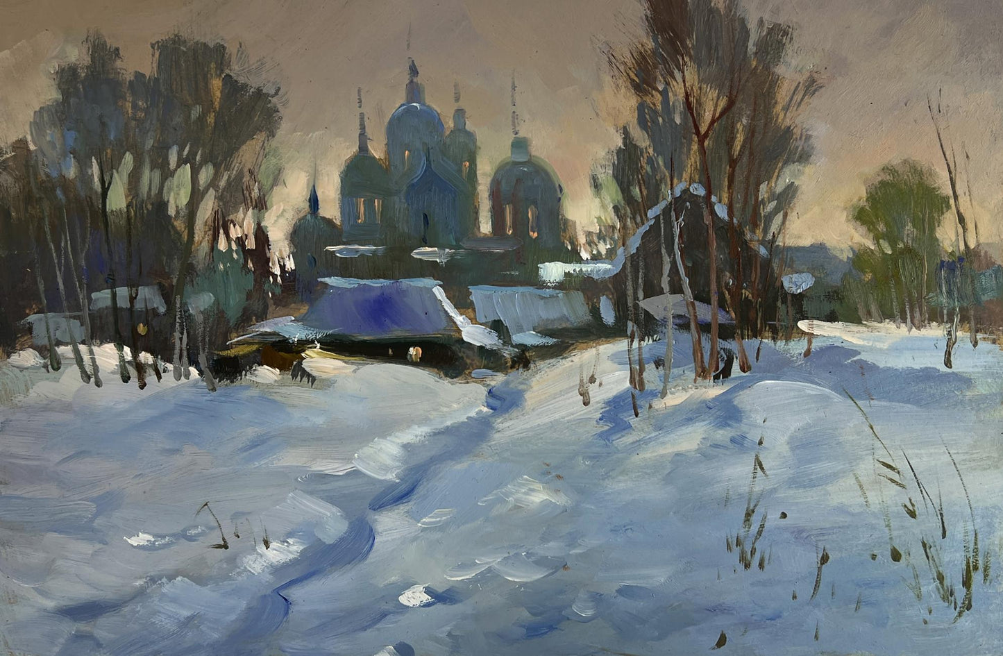 Oil painting of snow-covered village with blue-domed church by Yuriy Suprunchuk