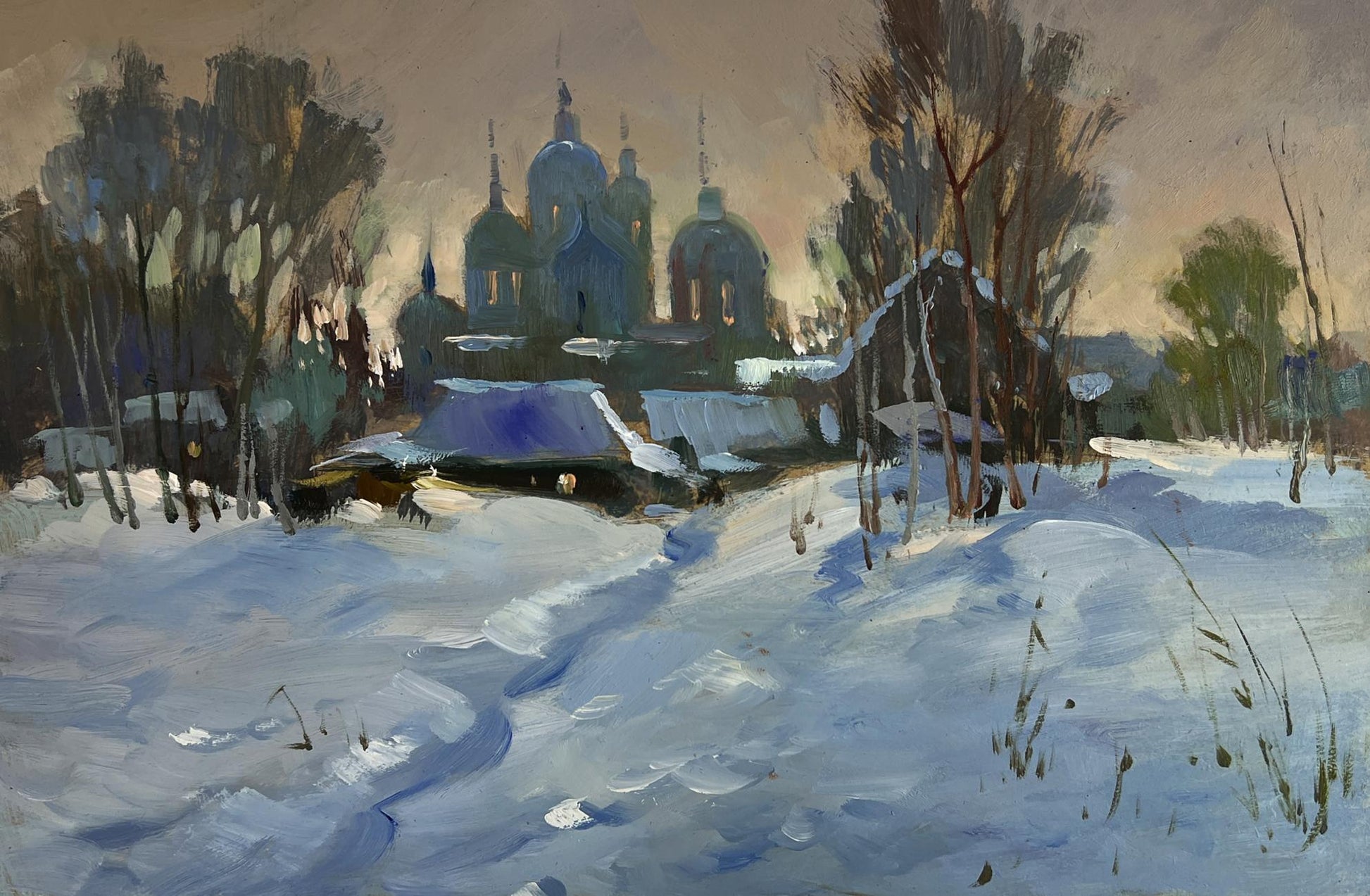 Oil painting of snow-covered village with blue-domed church by Yuriy Suprunchuk