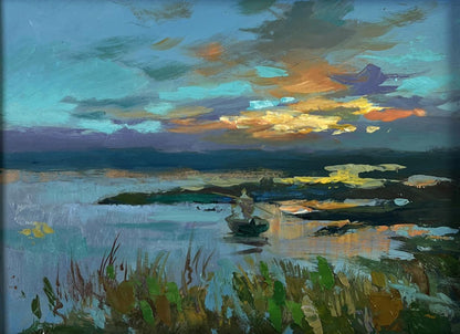 Serene oil painting of sunset fishing boat by Yuriy Suprunchuk