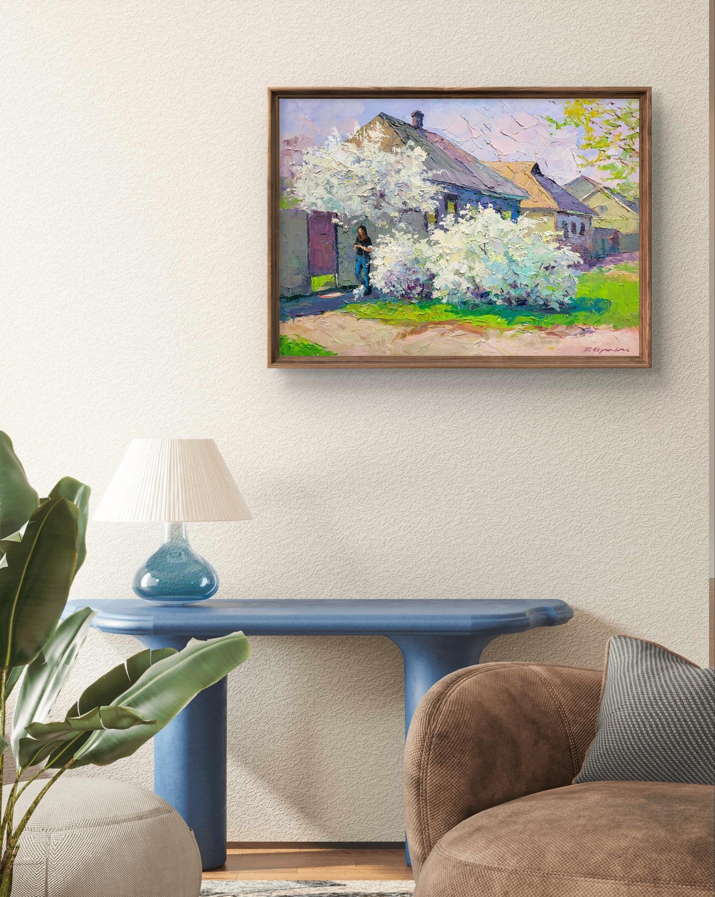 Framed impressionist oil painting April is on our street by Boris Serdyuk