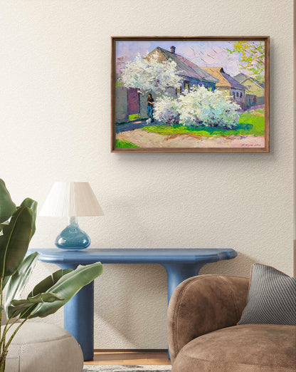 Framed impressionist oil painting April is on our street by Boris Serdyuk