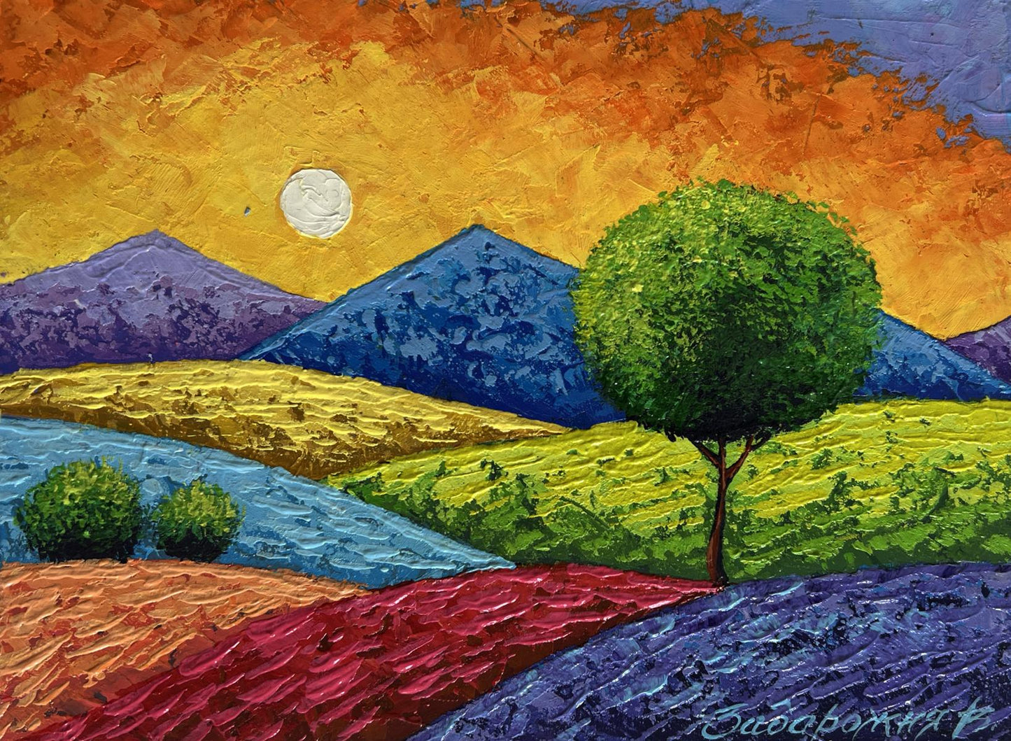 Vibrant oil painting of green tree on flowering sunset slopes by V. Zadorozhnya