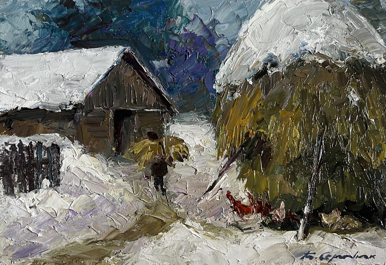 Oil painting of snow-covered wooden house by Boris Serdyuk