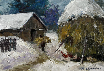 Oil painting of snow-covered wooden house by Boris Serdyuk