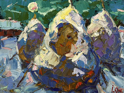 Impasto oil painting Where Time Stopped by Oksana Ivanyuk: three vibrant purple pears on green