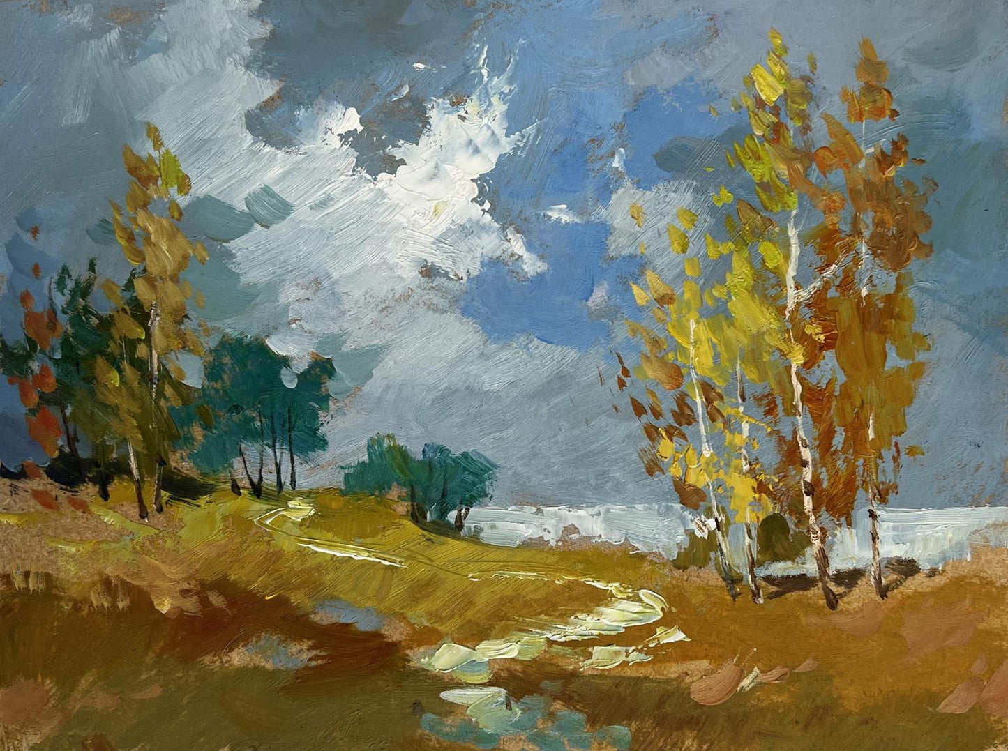 Autumn trail oil painting by Yuriy Suprunchuk with golden leaves