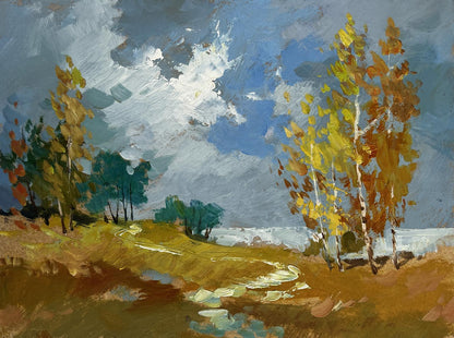 Autumn trail oil painting by Yuriy Suprunchuk with golden leaves