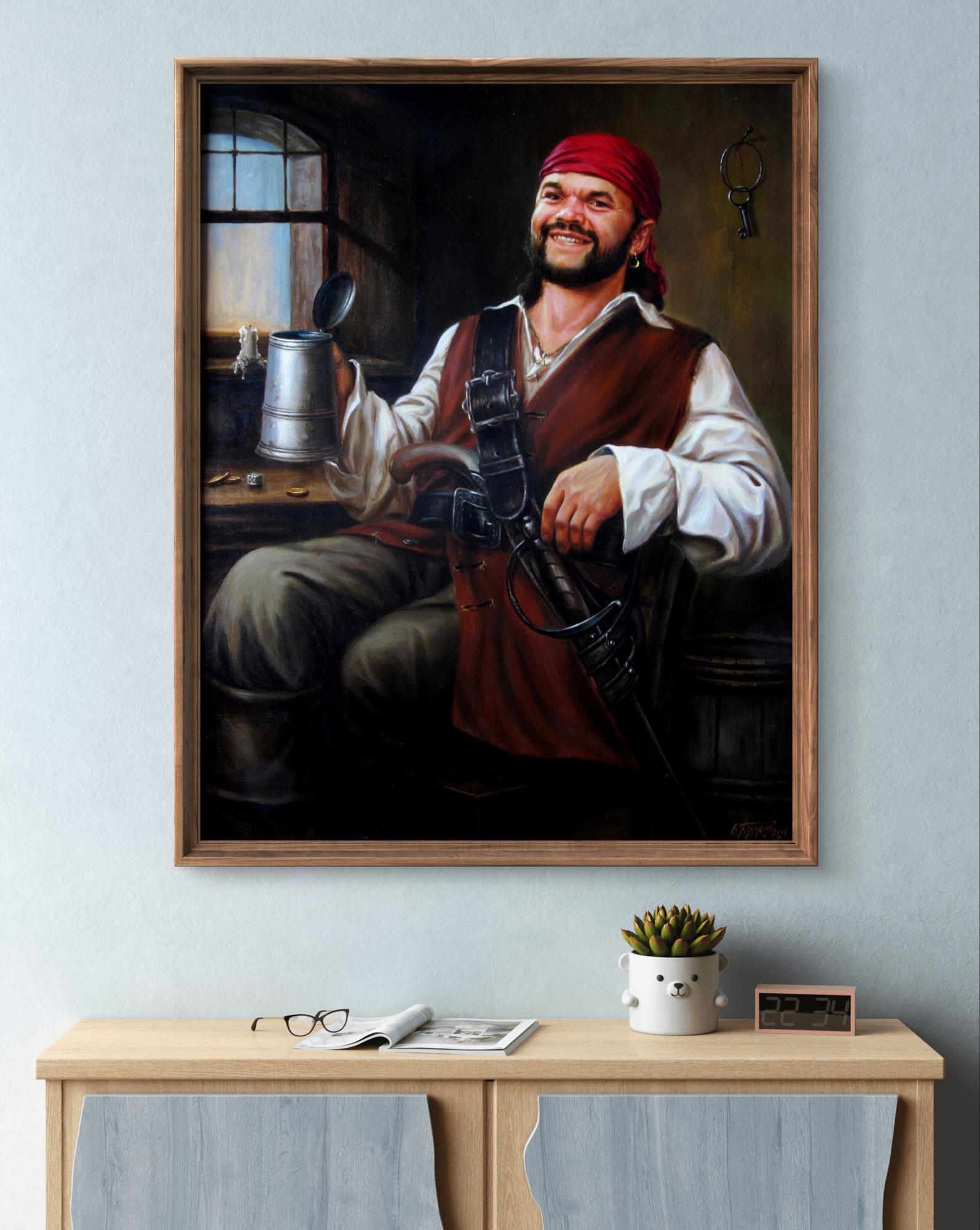 Framed oil painting of smiling pirate in red bandana by Valeriy Bulat