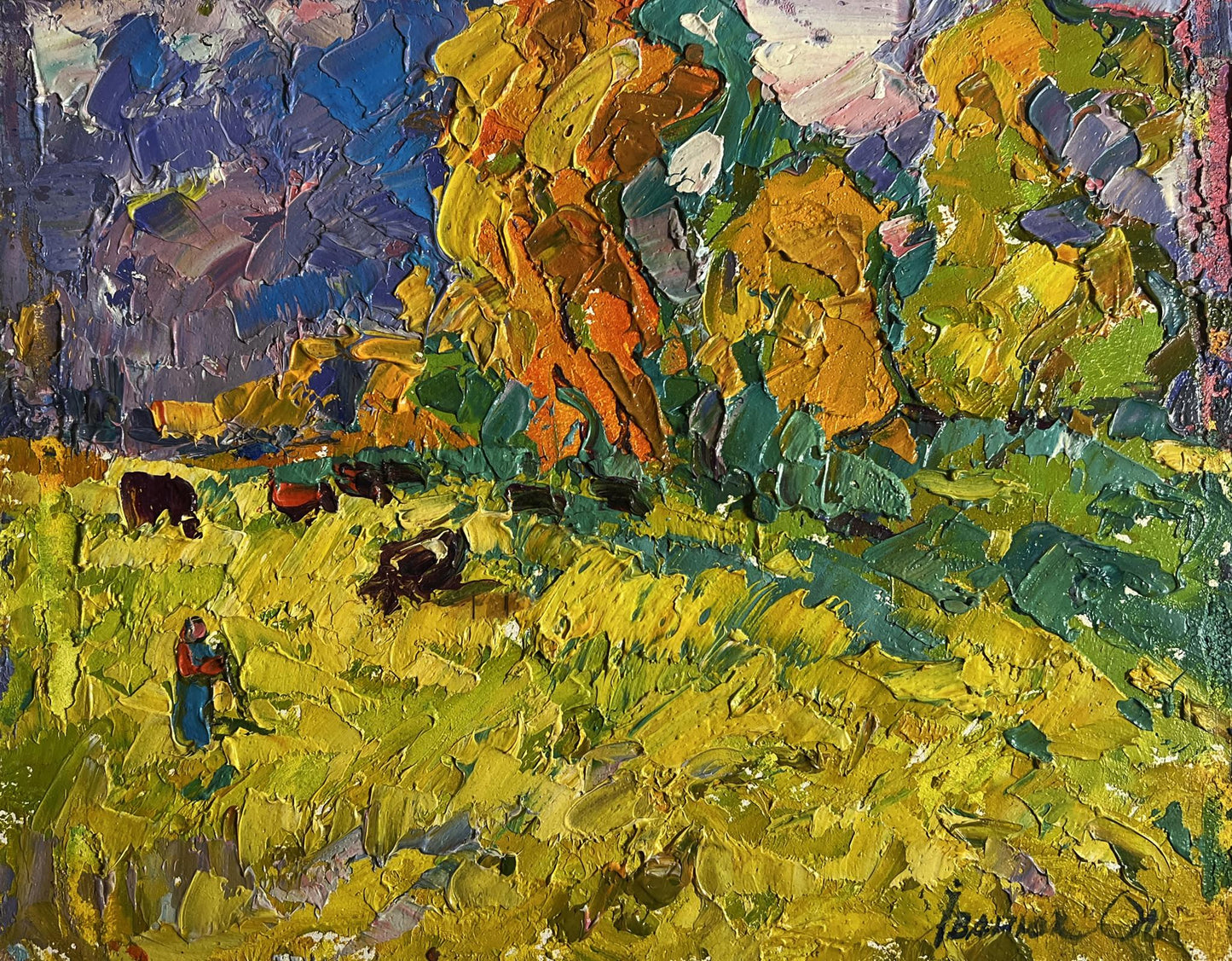 Vibrant impressionist oil painting of autumn meadows with cattle by Oleksiy Ivanyuk