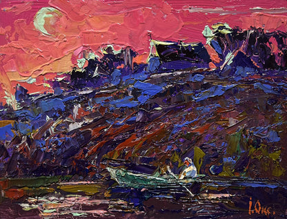 Vibrant impressionist oil painting Crimson Evening by the River by Oksana Ivanyuk